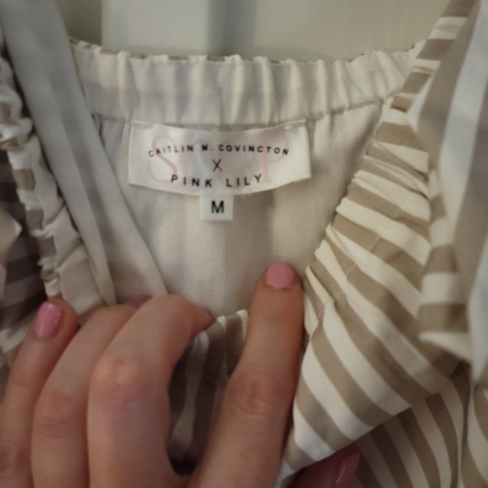 Caitlin Covington  x Pink Lily Off the Shoulder Tan & White Striped Dress - Picture 3 of 3